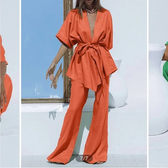 Commense Oversized Linen Tied Two Piece Pants Set - Picture 2 of 8